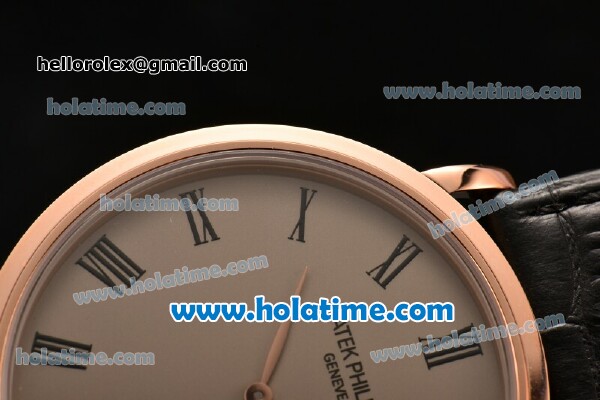 Patek Philippe Calatrava Miyota OS2035 Quartz Rose Gold Case with Roman Numeral Markers Grey Dial and Black Leather Strap - Click Image to Close